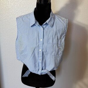 Vintage Blue Gingham Sleeveless Button-Up Shirt